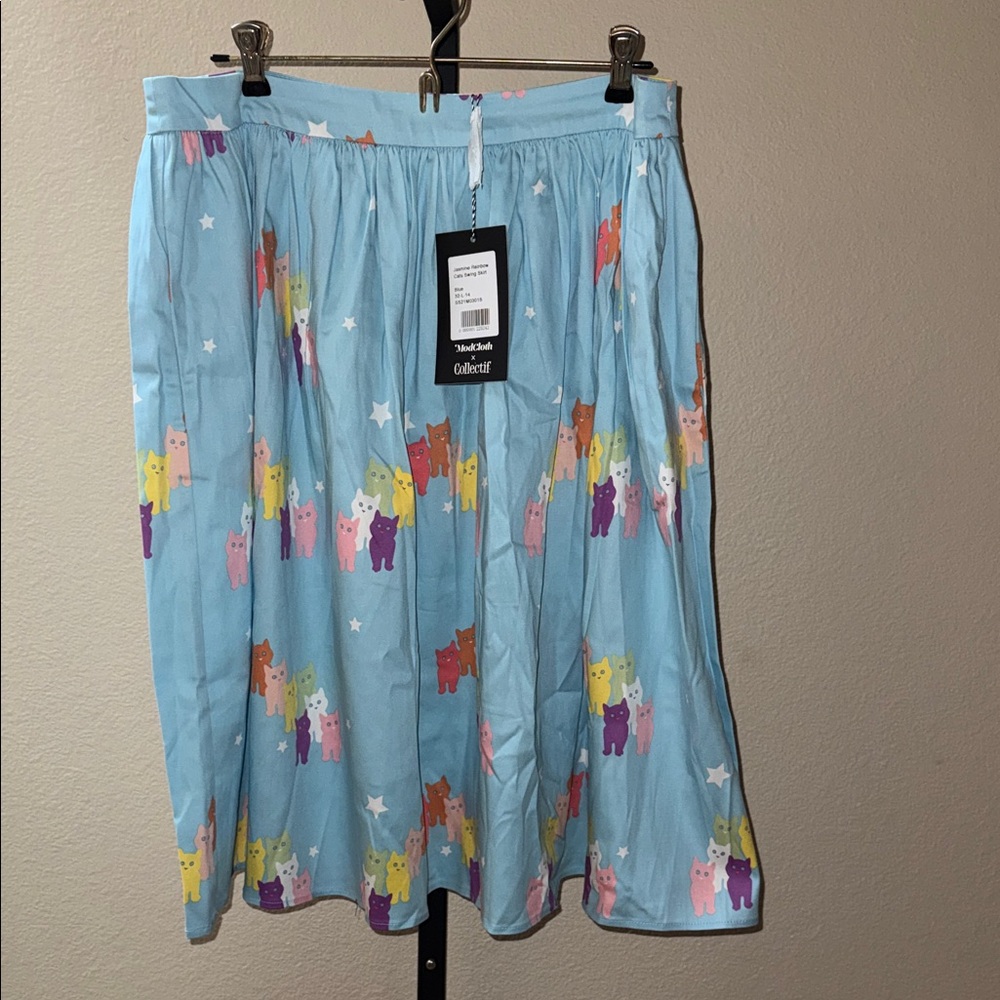 NWT ModCloth x Collectif Blue Jasmine Rainbow Cats Swing Skirt Sz L US 10/UK 14